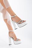 Kalın Taş Tek Bant Platform Topuk Beyaz Kadın Abiye Ayakkabı