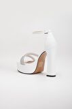 Kalın Taş Tek Bant Platform Topuk Beyaz Kadın Abiye Ayakkabı