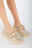Taşlı Kalın Taban Streç Bej Kadın Makosen Günlük Ayakkabı
