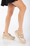 Taşlı Kalın Taban Streç Bej Kadın Makosen Günlük Ayakkabı