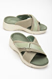 Keten Malzeme Faylon Haki Kadın Dolgu Taban Terlik