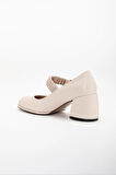 Büyük Numara Elastik Bantlı İnce Platform Tabanlı Cilt Bej Kadın Kalın Topuklu Günlük Ayakkabı
