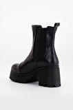 Topuklu Bot Kadın Platform Siyah Parçalı Elastik Kalın Taban