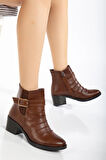 Kadın Topuklu Bot Günlük Taba Yüzü Büzgülü Kalın Topuklu