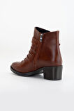 Kadın Topuklu Bot Günlük Taba Yüzü Büzgülü Kalın Topuklu