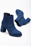 Kadın Platform Topuklu Bot Lacivert Süet Yüzüdüz Fermuarlı