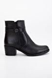 Hakiki Deri Kadın Topuklu Bot Siyah Tokalı Fermuarlı