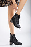Kadın Topuklu Bot Siyah Bağlı Suni Deri