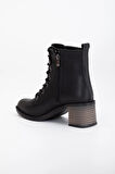 Kadın Topuklu Bot Siyah Bağlı Suni Deri