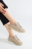 Hakiki Deri Ortopedik Kadın Ayakkabısı Günlük Bej Şeffaf Tabanlı Elastik Bağcıklı