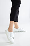 Hakiki Deri Ortopedik Kadın Ayakkabısı Günlük Beyaz Şeffaf Tabanlı Elastik Bağcıklı