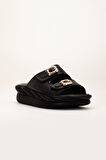 Kadın Dolgu Taban Terlik Siyah 2 Bantlı Suni Deri