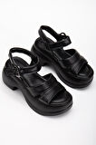 Kadın Dolgu Topuk Sandalet Siyah 2 Kalın Bantlı cilt
