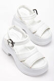 Kadın Dolgu Topuk Sandalet Beyaz 2 Kalın Bantlı cilt