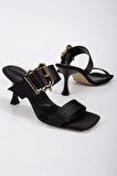Kadın Topuklu Terlik Siyah Saten Tek Bant Aksesuarlı