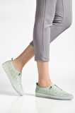 Hakiki Deri Kadın Günlük Ayakkabı Yeşil Lazer Baskılı Elastik Bağcıklı Jel Taban