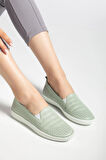 Hakiki Deri Ortopedik Kadın Günlük Ayakkabı Yeşil Bağsız Lazer Baskılı