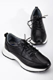 Hakiki Deri Erkek Günlük Ayakkabı Siyah Elastik Bağcıklı Kalın Taban