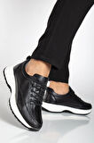 Hakiki Deri Erkek Günlük Ayakkabı Siyah Elastik Bağcıklı Kalın Taban