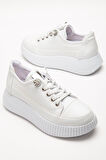 Kadın Casual Spor Ayakkabı Beyaz Elastik Bağcıklı Kalın Taban