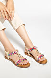 Kadın DÜz Topuklu Sandalet Bej Örgü Bantlı Çiçek Tokalı