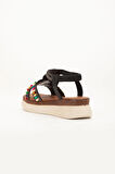Kadın Dolgu Taban Sandalet Siyah Bocuklu İki Bantlı