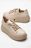Kadın Casual Spor Ayakkabı Bej Elastik Bağcıklı Kalın Taban