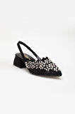 Kadın Kısa Topuklu Abiye Ayakkabı Siyah Örme Taşlı Sivri Kalıp