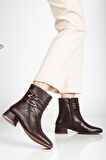 Kadın Kısa Topuklu Bot Kahve Suni Deri Küt Burun Metal Tokalı
