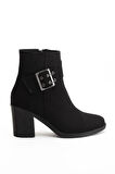 Kadın Topuklu Bot Siyah Süet Hazır Taban Yan Tokalı