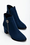 Lacivert Kadın Topuklu Bot Süet Taş Detaylı Yuvarlak Burun