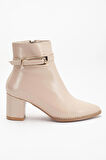 Bej Kadın Topuklu Bot Kırışık Rugan Sivri Kalıp Tan Tokalı