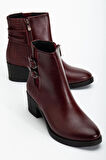 Bordo Kadın Topuklu Bot Hasır Detaylı Suni Deri Tokalı