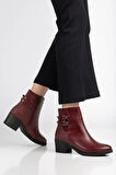 Bordo Kadın Topuklu Bot Hasır Detaylı Suni Deri Tokalı