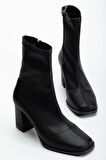 Siyah Kadın Topuklu Bot Streç Suni Deri Küt Burunlu Kalın Topuklu