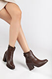 Kahverengi Kadın Topuklu Bot Suni Deri Terrmo Taban Yüzüdüz