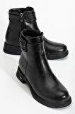 Siyah Kadın Bot Suni Deri Kauçuk Taban Tokalı