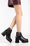 Siyah Kadın Platform Topuklu Bot Tokalı Suni Deri