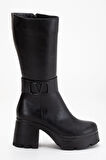 Siyah Kadın Platform Topuklu Çizme Diz Altı Suni Deri Kemer Tokalı