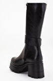 Siyah Kadın Platform Topuklu Çizme Diz Altı Suni Deri Kemer Tokalı