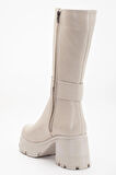 Bej Kadın Platform Topuklu Çizme Diz Altı Suni Deri Kemer Tokalı