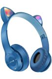 Bluetooth Led Işıklı LACİVERT Kedi Kulaklık Katlanabilir Sd Kart Girişli Mikrofonlu Kablosuz