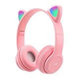 TT SW88 Ledli RGB Kedi Kulağı Aydınlatmalı Bluetooth Mikrofonlu Katlanabilir Kulaklık TF Kart/ AUX PEMBE