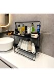 2 Katlı Üçgen Siyah Metal Banyo, Mutfak, Makyaj Organizatörü - Model 2