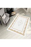 Krem-Gold Pvc Deri Kaymaz Taban Retro Salon Saçaksız Halı 387-02