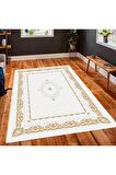 Krem-Gold Pvc Deri Kaymaz Taban Retro Salon Saçaksız Halı 387-02