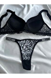 Kadın Leopar Dantelli Taşlı Balenli Destekli Dolgulu Push Up Sütyen Takımı Iç Çamaşırı Takımı