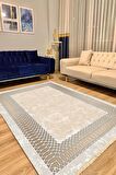 Krem Pvc Deri Kaymaz Taban Çerçeve Salon Saçaksız Halı B1224