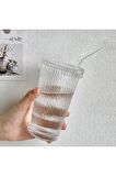 2li Set Pinterest Model Origami Çizgili Mika Kapaklı Cam Pipetli Bardak
