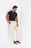 Keten Görünümlü Dökümlü Beli Lastikli Ekru Pantolon